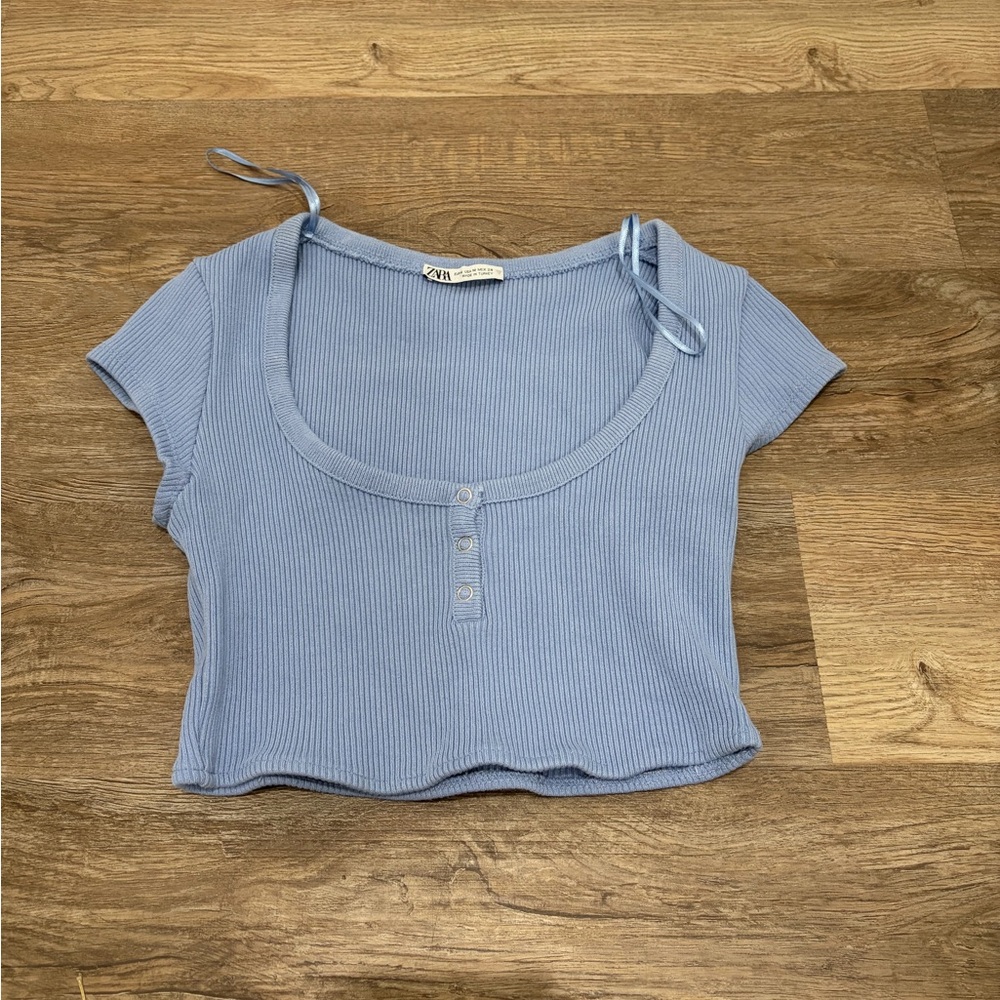 Zara Light Blue Ribbed Crop Top